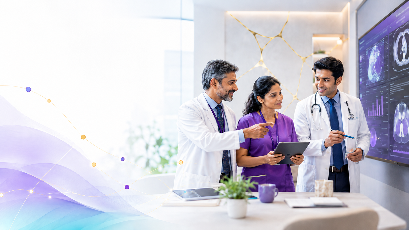 A team of clinicians reviewing patient data together in a consultation room