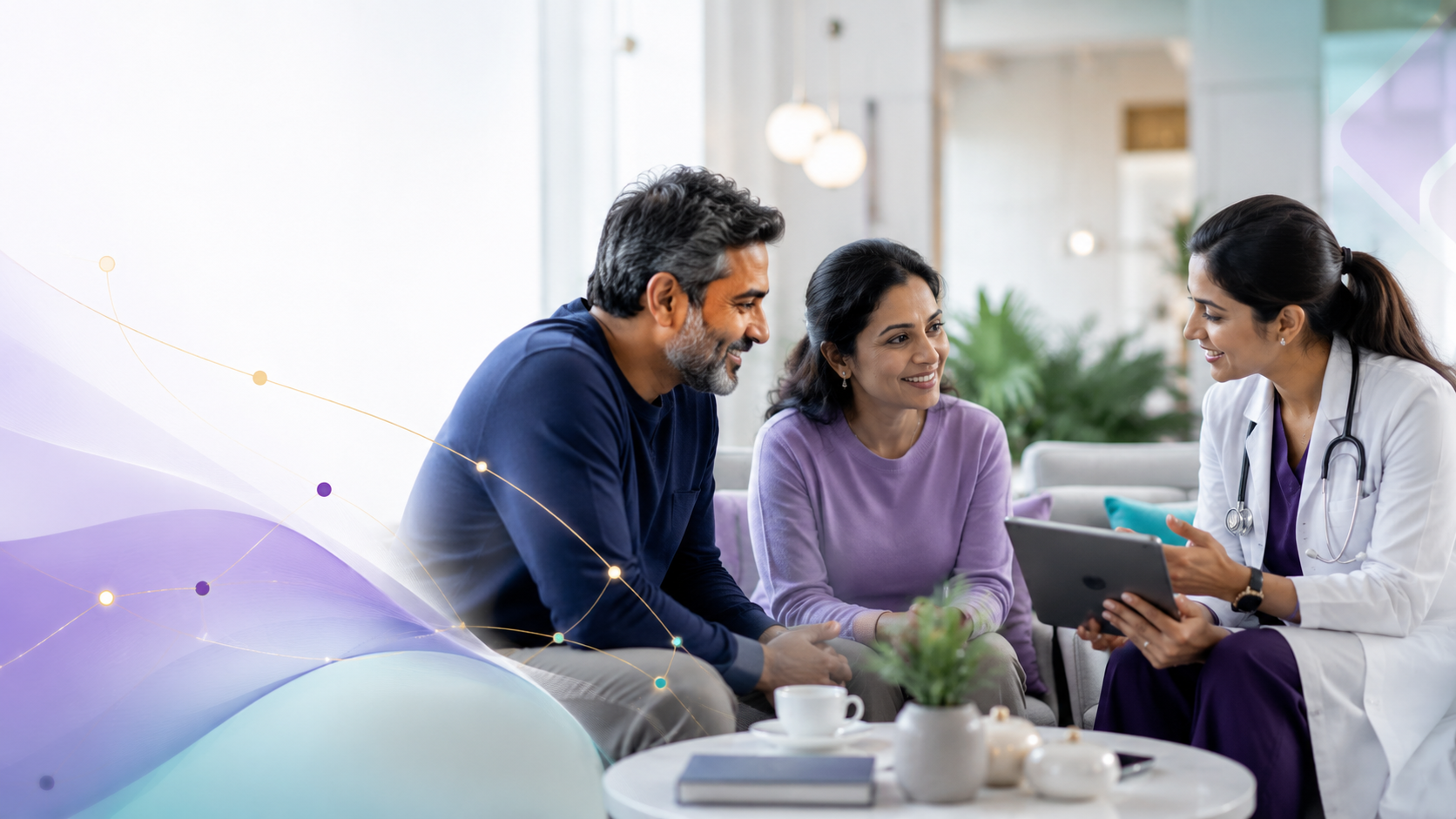 A couple consulting with a Kintsu care team member over a tablet in a bright, calm waiting area