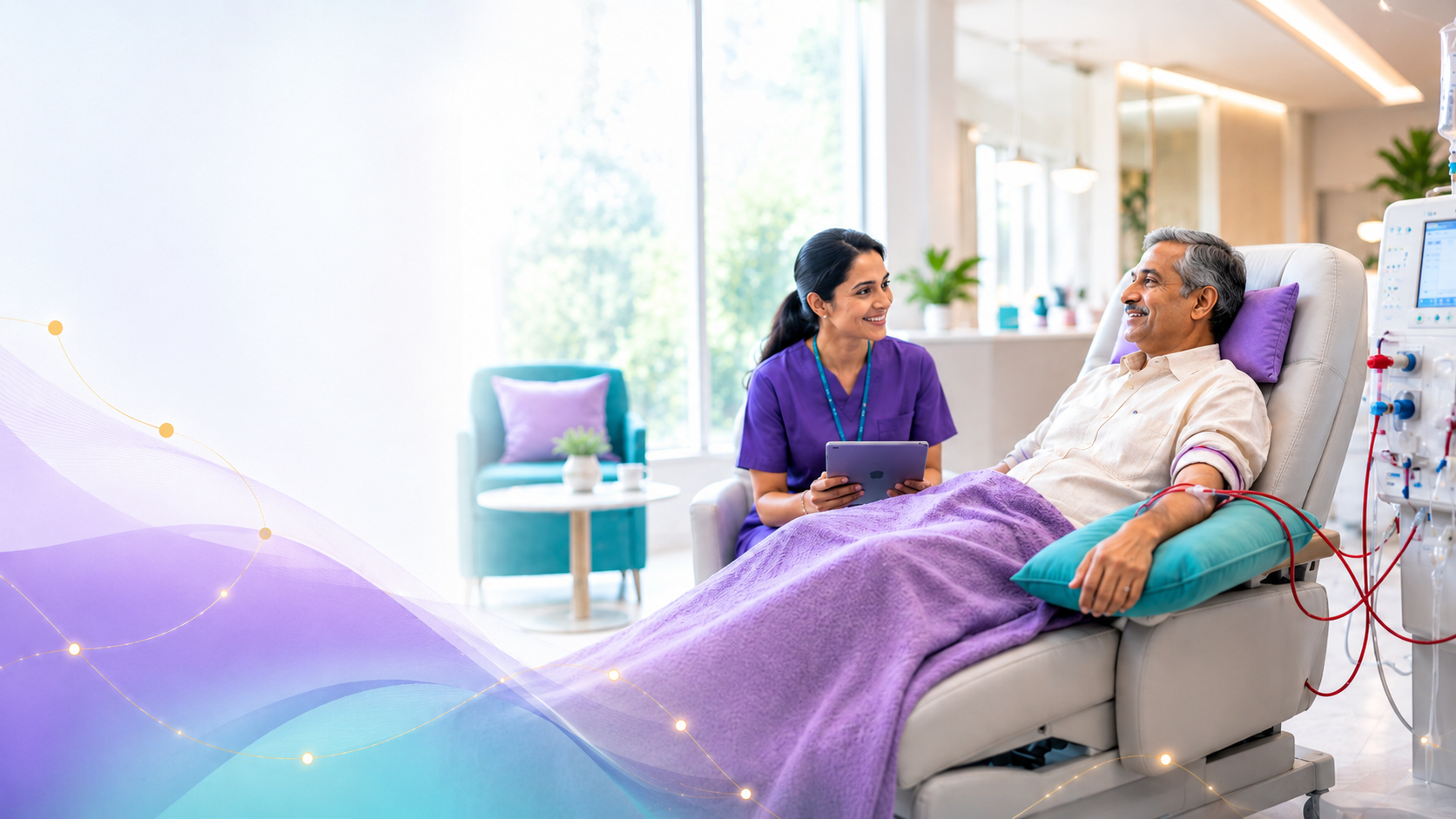 A nurse checking in with a patient during a dialysis session