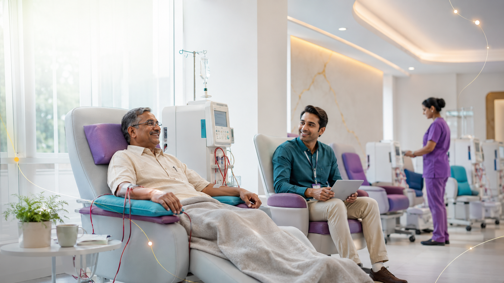Patients in a bright, spacious dialysis center with a nurse attending to equipment in the background