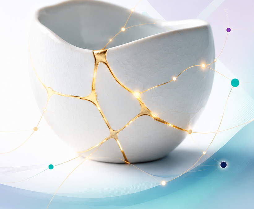A white ceramic bowl, broken and rejoined with bold, glowing seams of gold in the style of kintsugi
