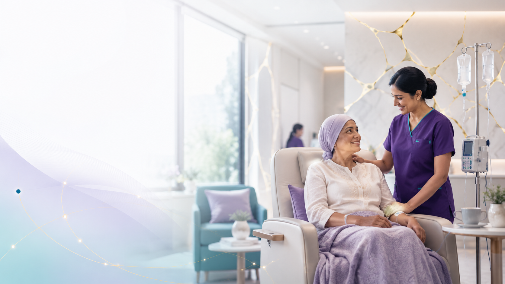 A patient in an infusion chair speaking with a nurse in a Kintsu treatment bay