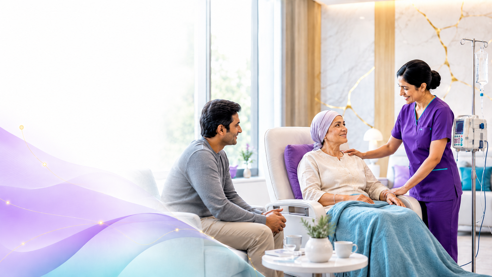 A patient and family member speaking with a Kintsu nurse beside an infusion chair